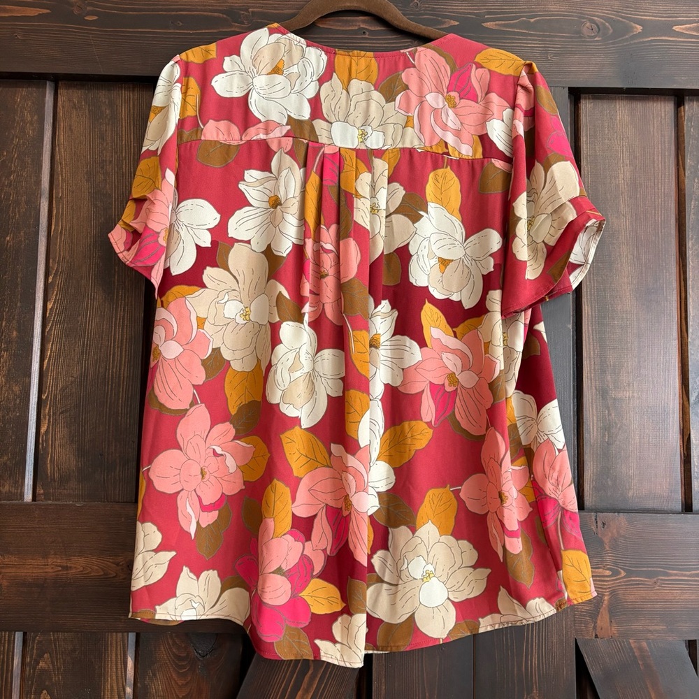 DR2 Multicolor Short Sleeve Floral V-Neck Blouse XL - Picture 2 of 7